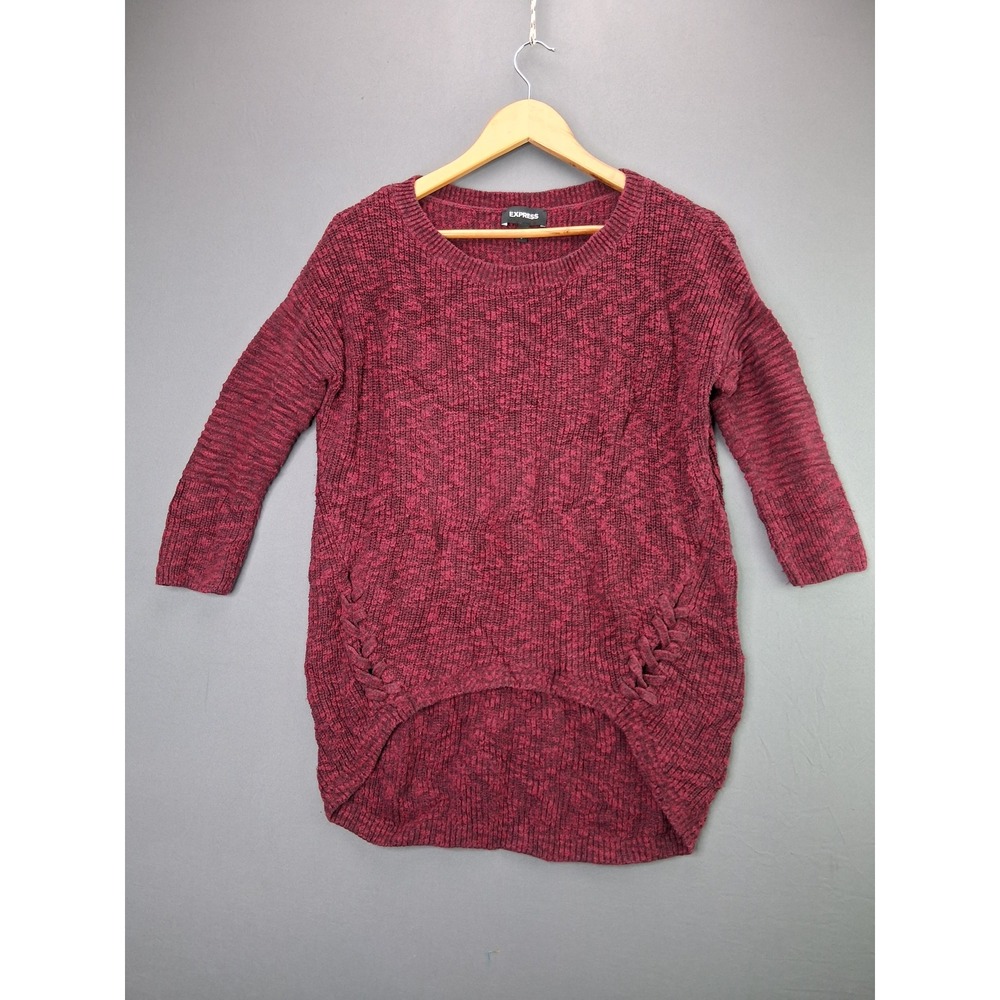 Express Sweater Womens Small Burgundy Marled High Low Lace Up Side Cotton Knit S